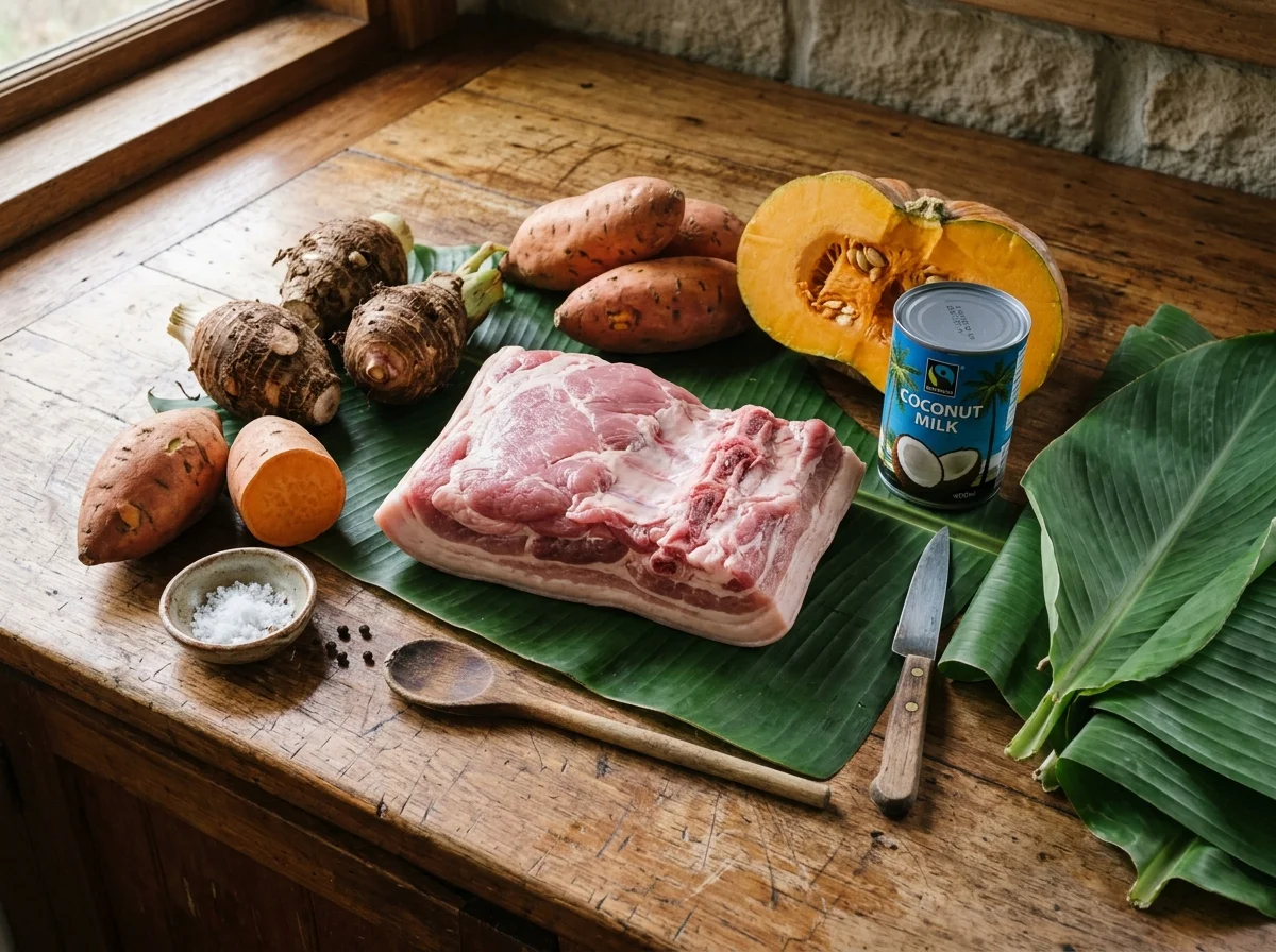 ムームーの材料。豚バラ肉、さつまいも、タロイモ、ココナッツミルク、バナナの葉