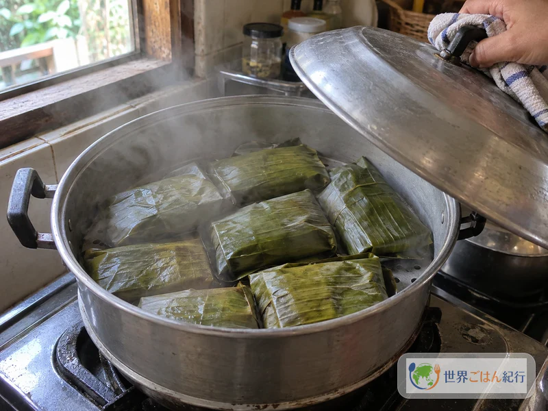 찜기 안에서 바나나잎 꾸러미를 센 불로 찌는 모습