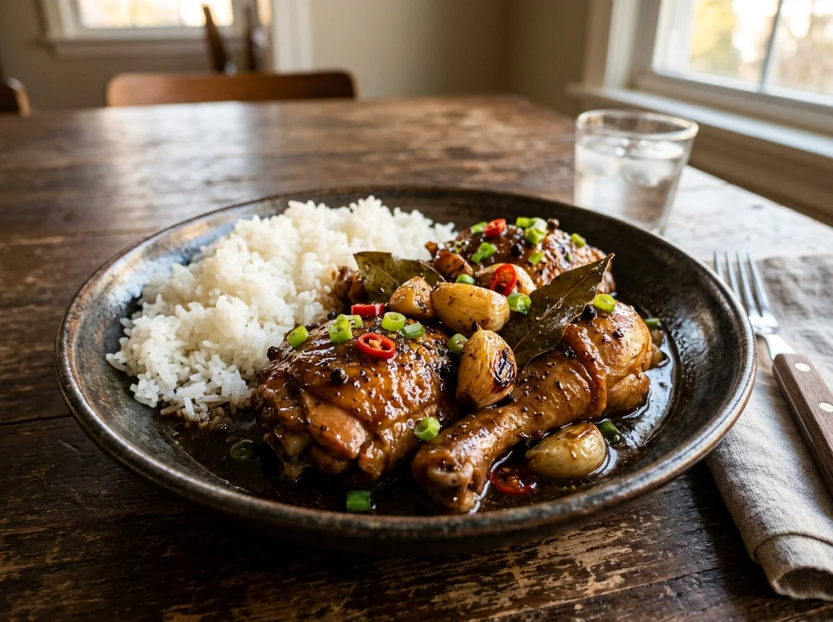 フィリピンのチキンアドボ。醤油と酢の光沢あるソースにチキン、にんにく、月桂樹の葉が見える
