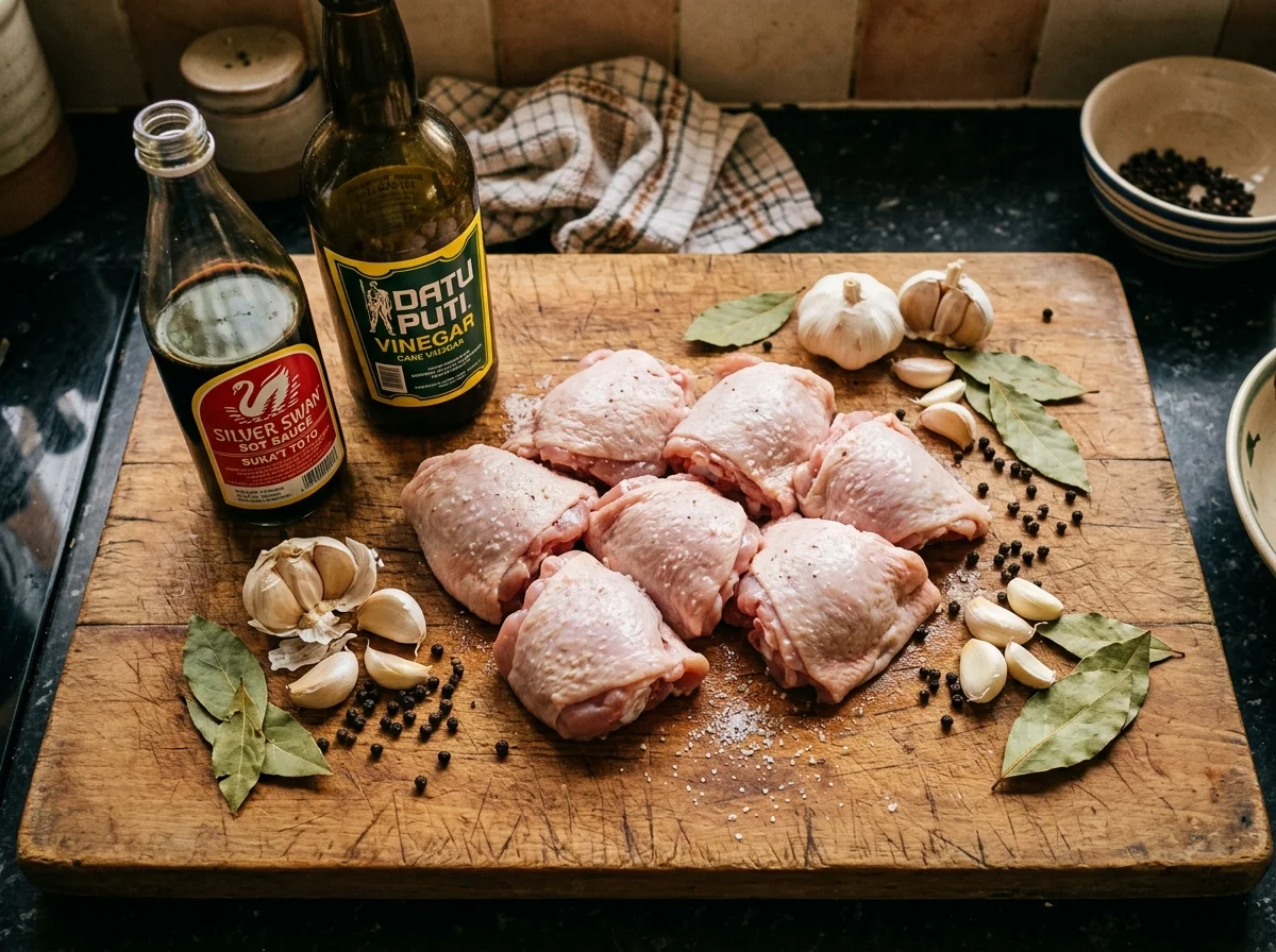 アドボの材料一式。鶏もも肉、醤油、酢、にんにく、月桂樹の葉、黒コショウ粒