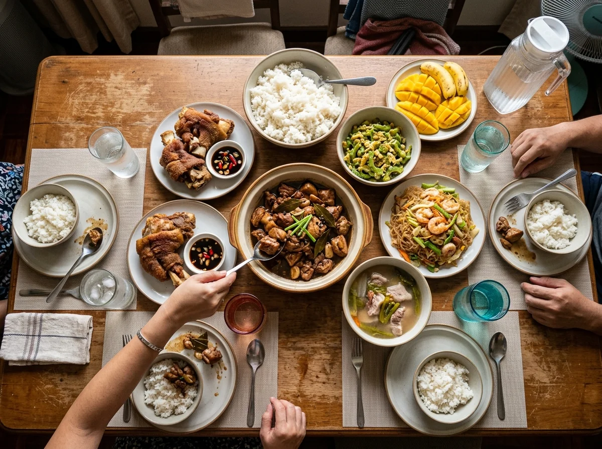 フィリピンの家族の食卓。アドボが中央に、白ご飯とともに並んでいる