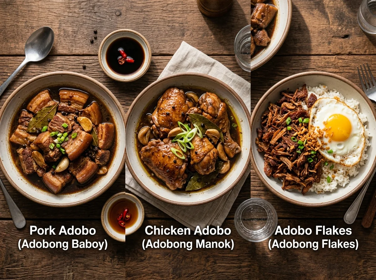 チキンアドボ、ポークアドボ、アドボフレークスの3つのバリエーション