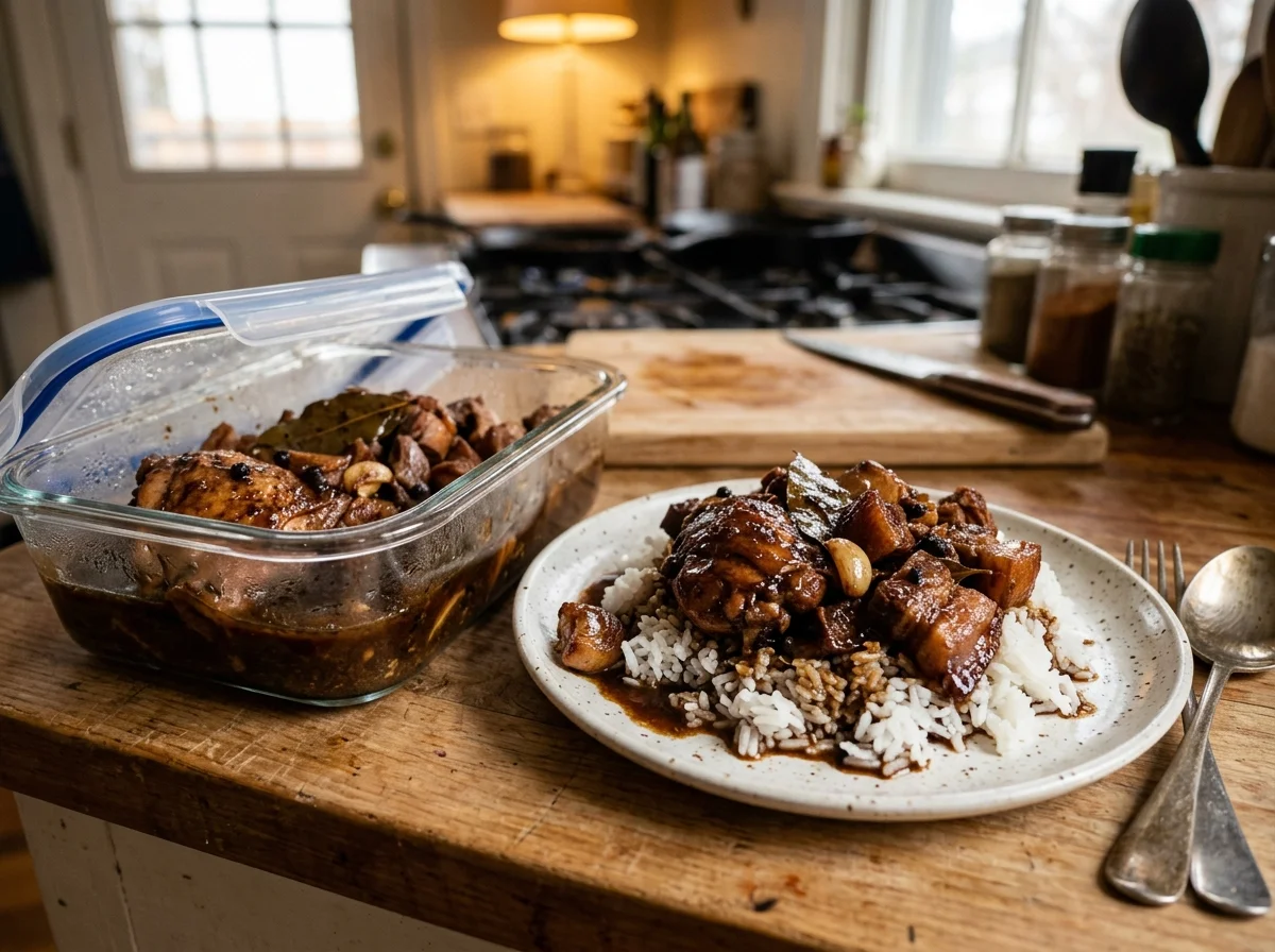 アドボの保存容器と温め直した一皿