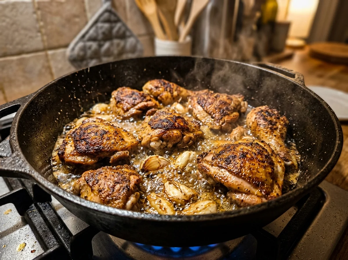 鶏肉をフライパンで皮目からこんがり焼いている。にんにくが見える