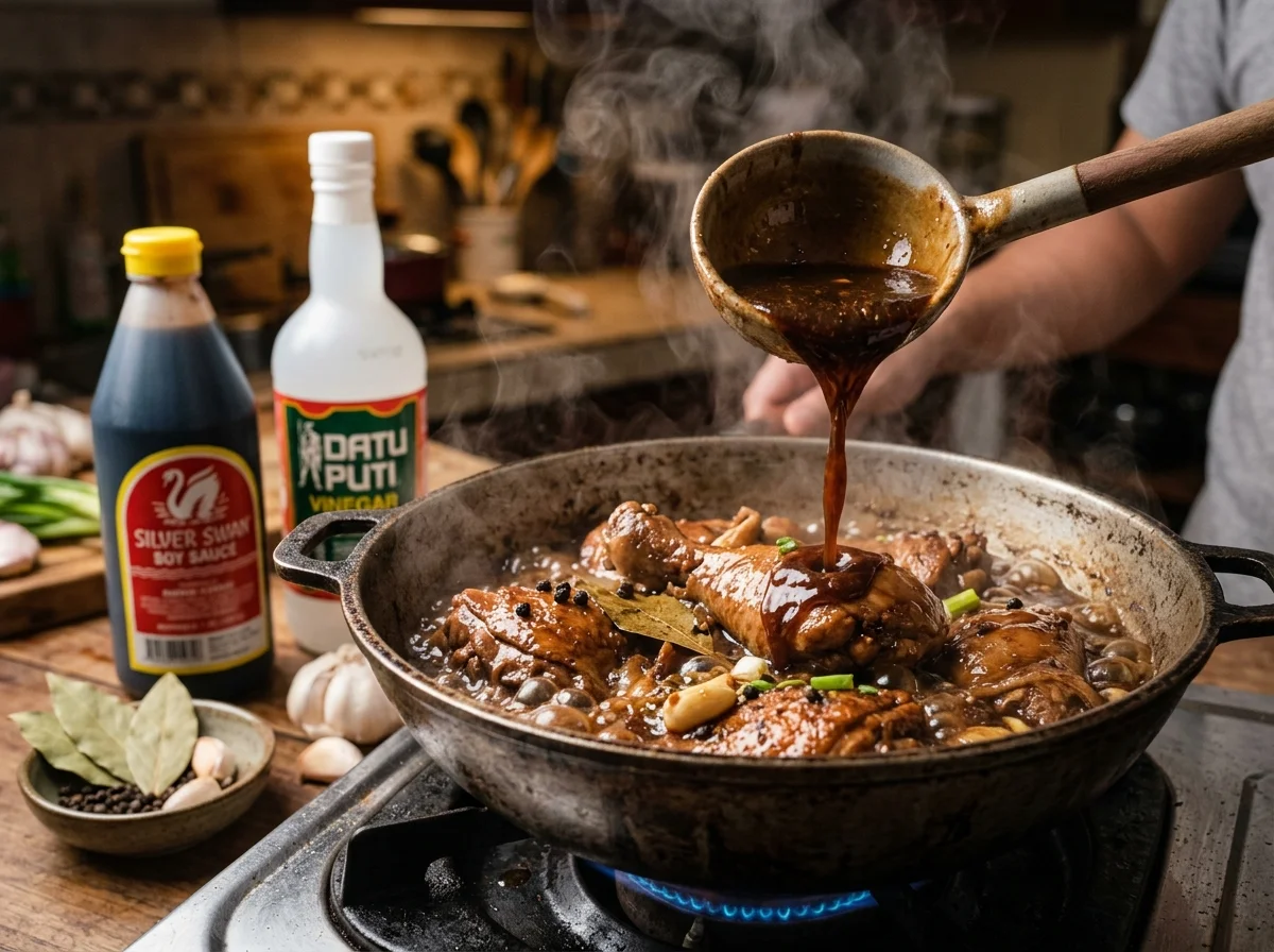 醤油と酢のマリネ液を鶏肉に注いでいる。月桂樹の葉が浮いている
