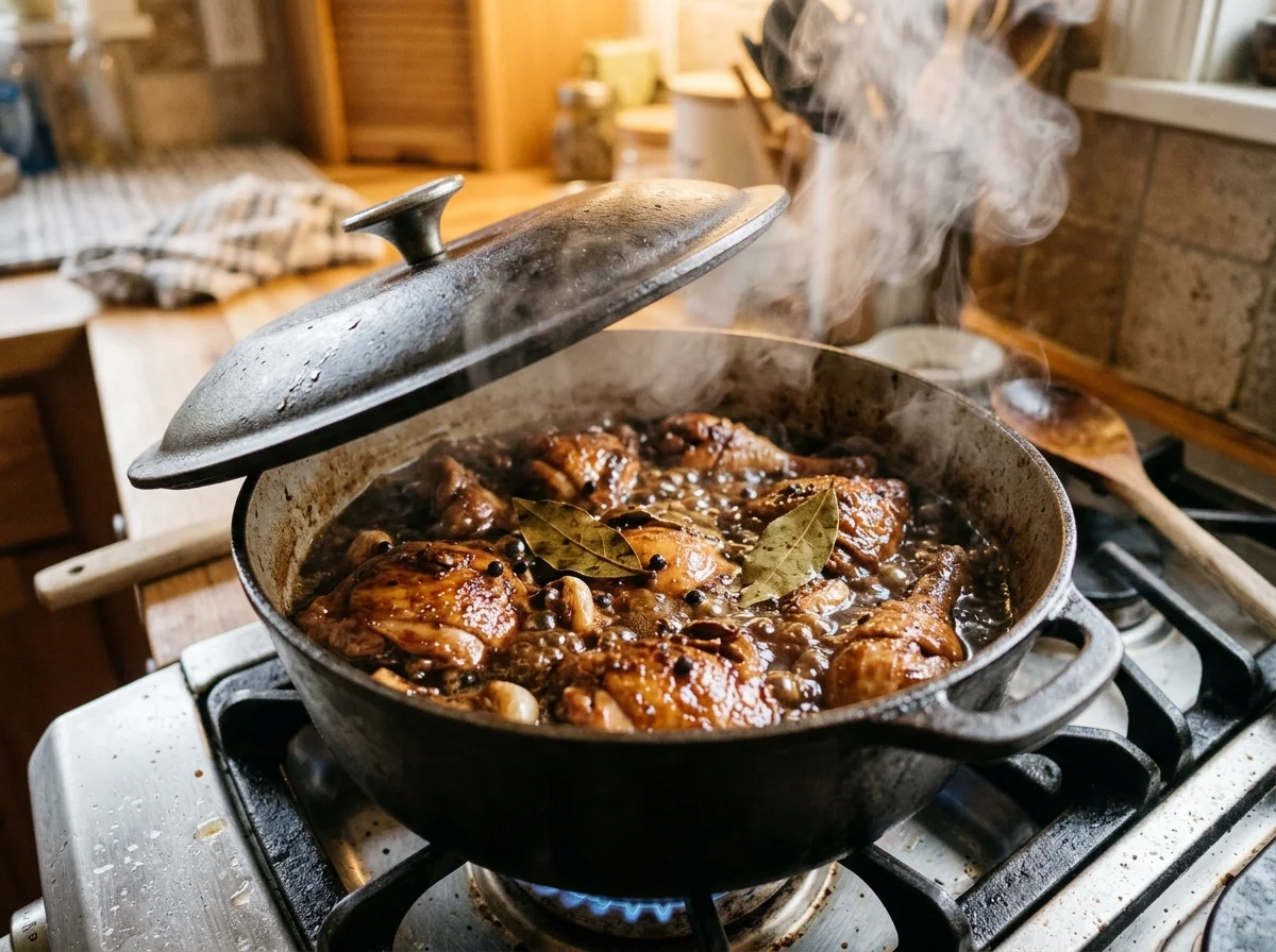 蓋を少し開けてアドボを煮込んでいる。光沢のある茶色いソースにチキンと月桂樹の葉