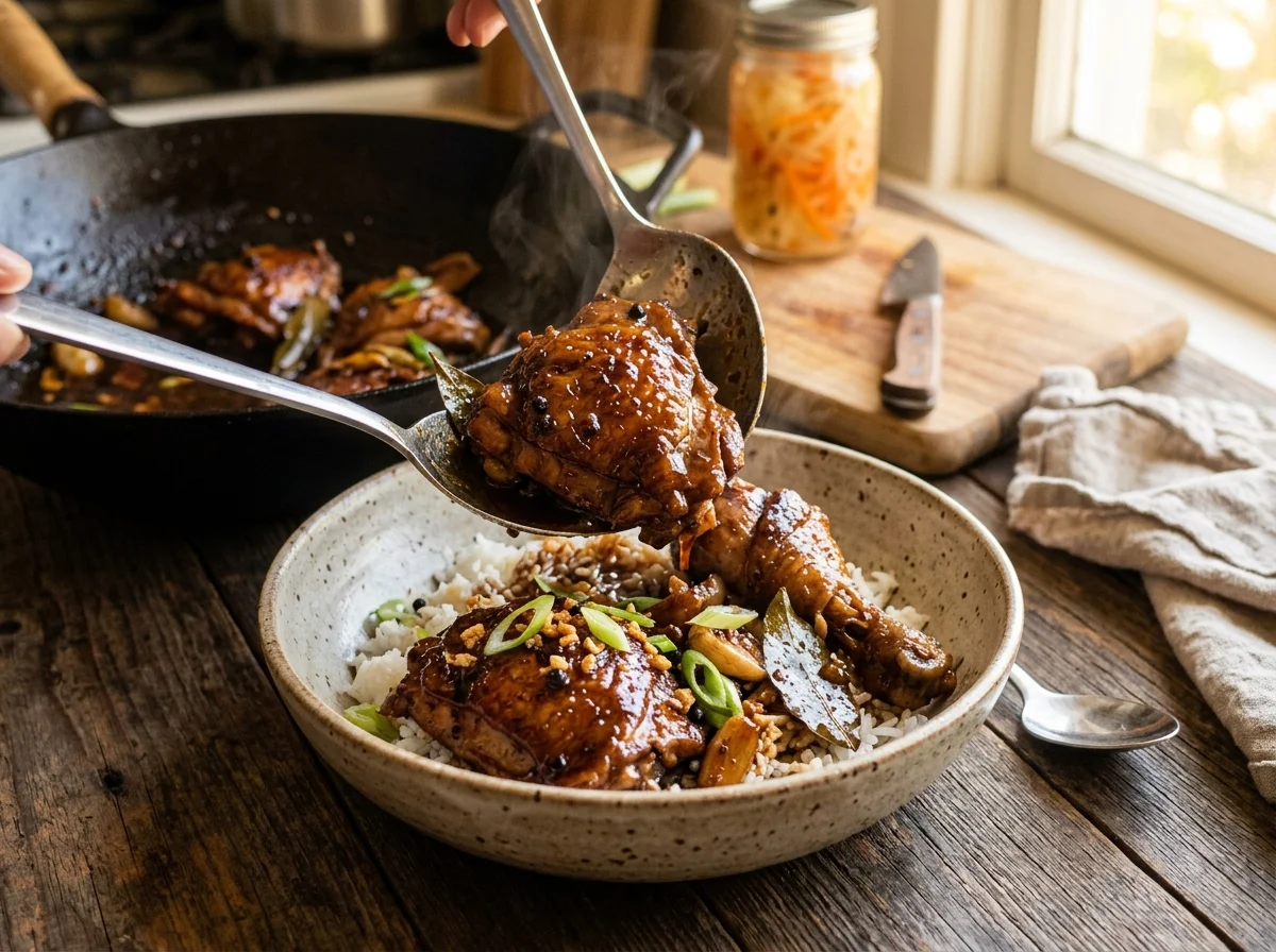 仕上がったアドボ。光沢のある濃い茶色のソースが鶏肉を包んでいる