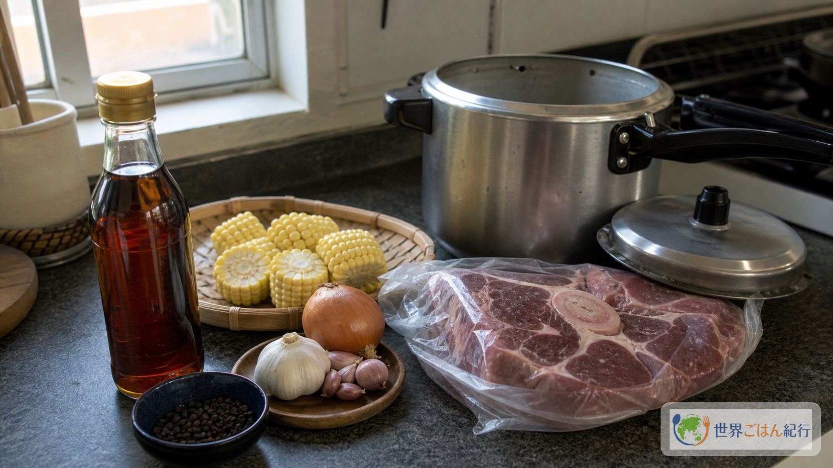 パティス、粒胡椒、圧力鍋、牛すね肉、とうもろこしを台所に並べた買い出し材料