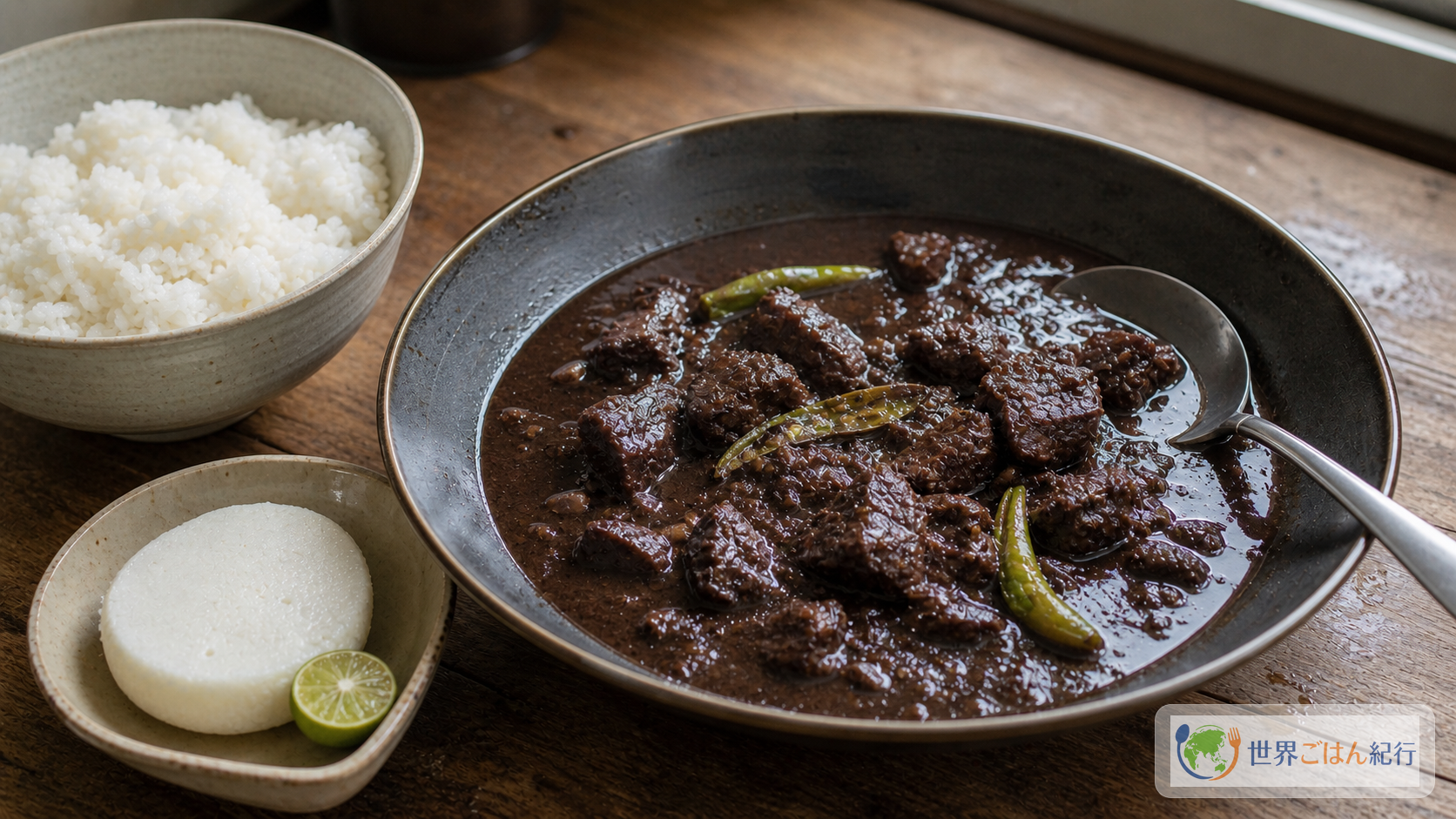 白ごはんとプトを添えたフィリピンのディヌグアン。深い器に豚血ソースと豚肉を盛り、ライムを添えた食卓
