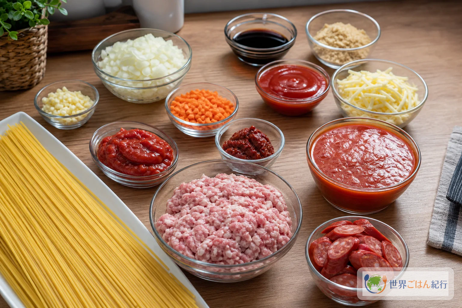 フィリピン風スパゲッティの材料を計量して並べた台所