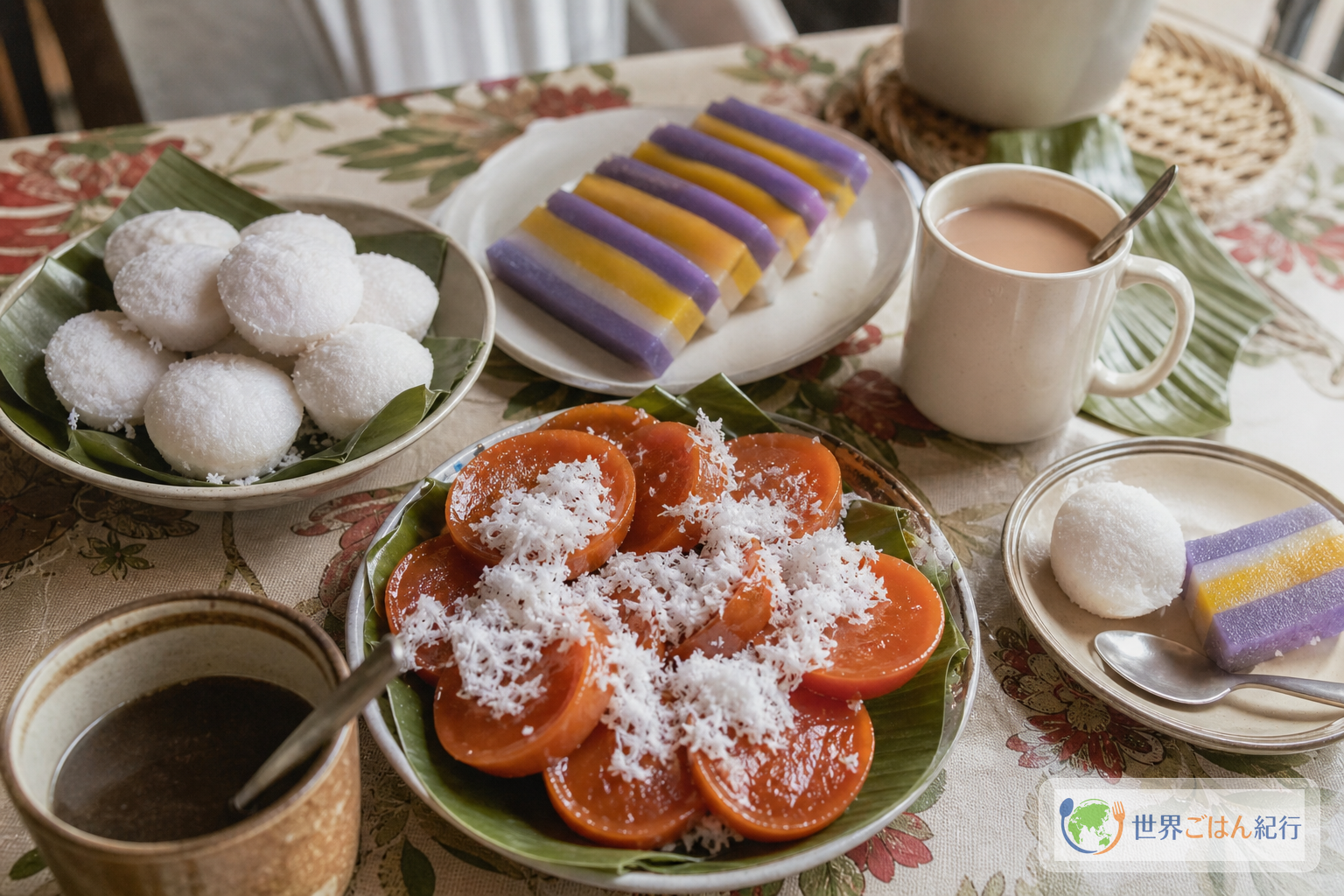 クチンタ、プト、サピンサピンを並べたフィリピンのおやつの食卓