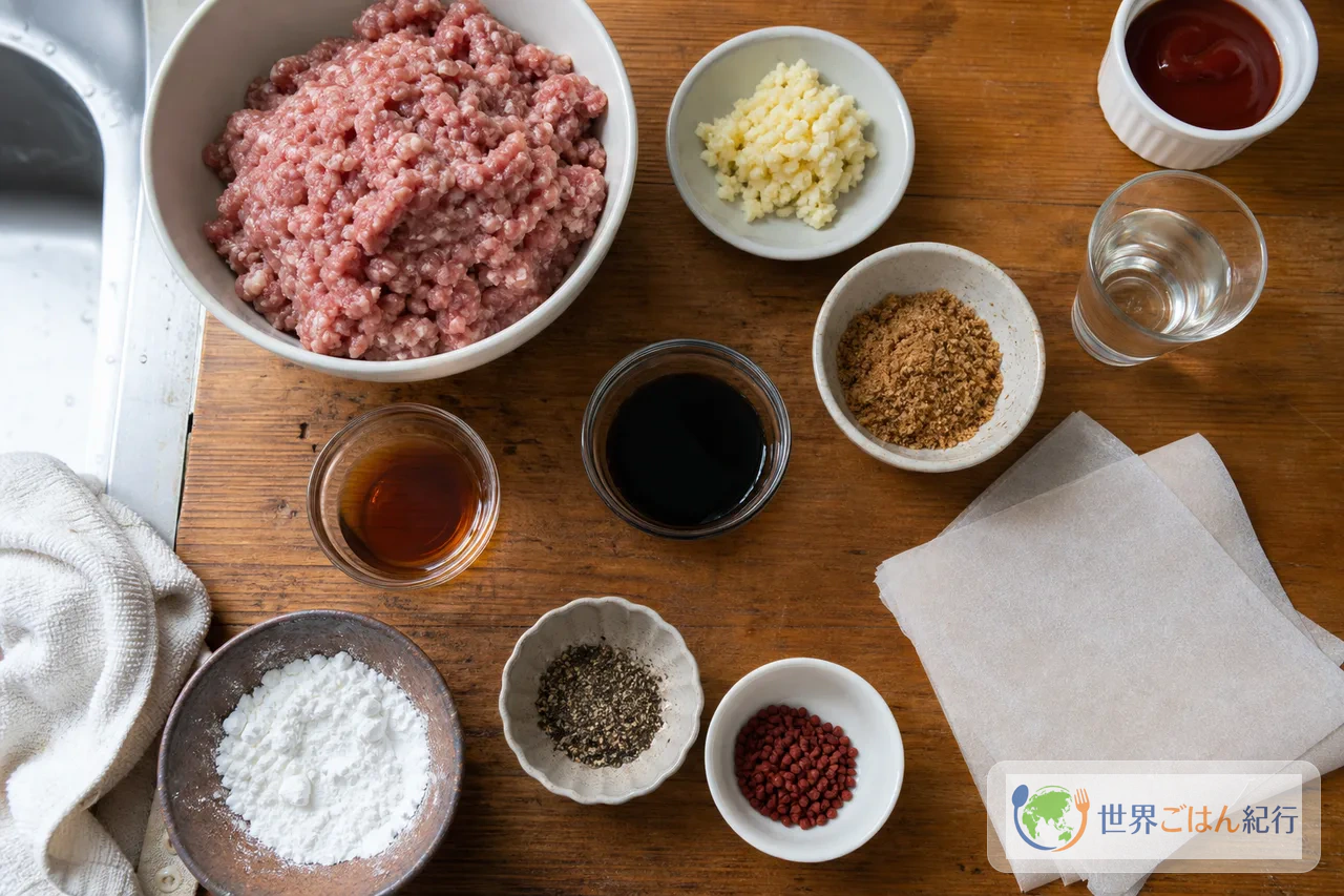 豚ひき肉、にんにく、砂糖、酢、しょうゆ、アナトー、クッキングシートを並べたロンガニーサの材料