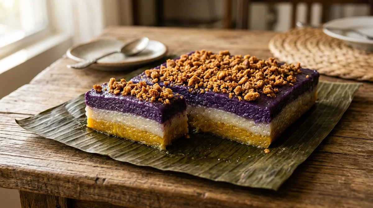 サピンサピンの完成写真。紫・白・黄色の三層が美しく重なったフィリピンの伝統もち菓子