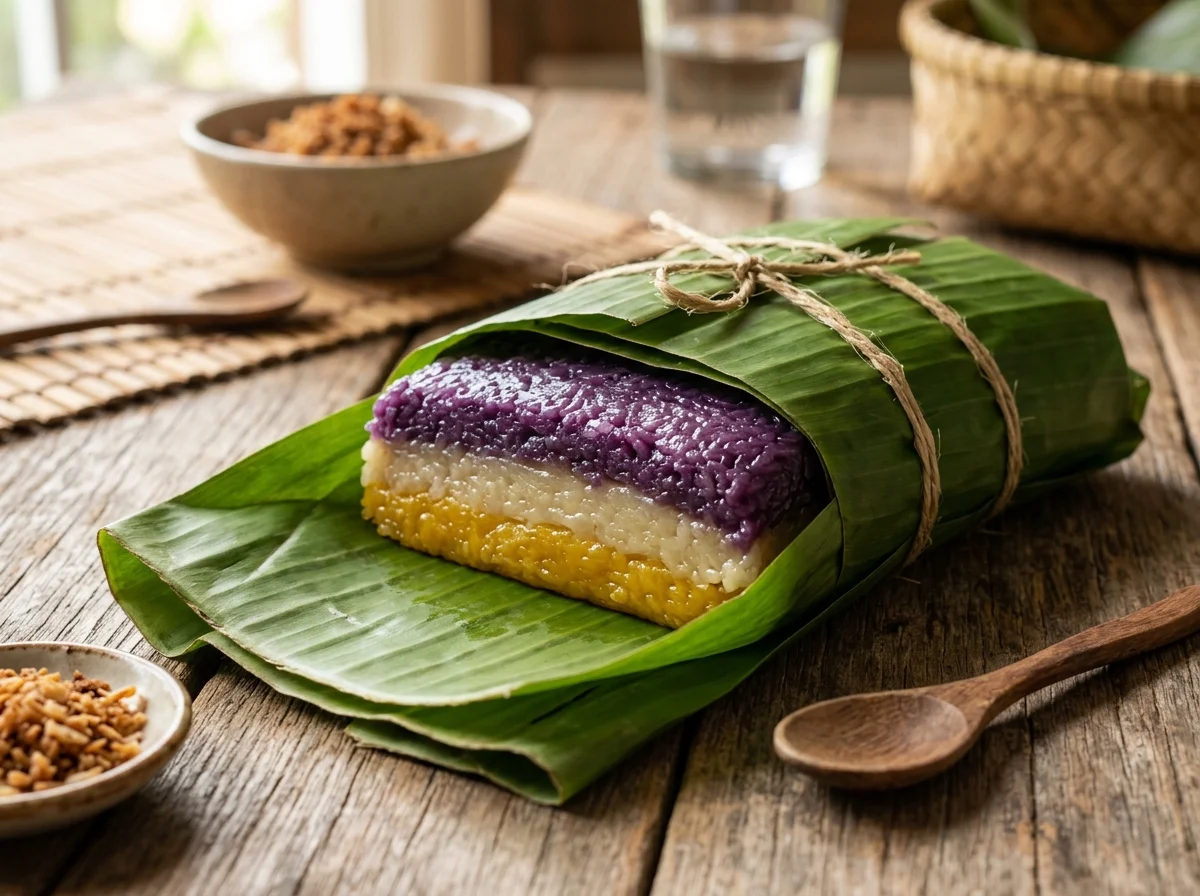 フィリピンの伝統的なバナナの葉に包まれたサピンサピン