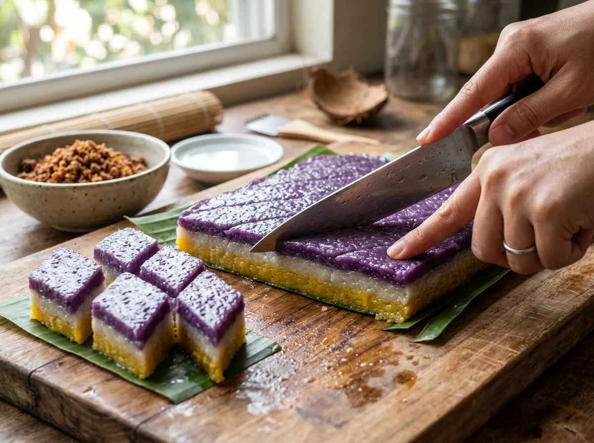 サピンサピンを切り分ける工程。包丁を水で濡らしてひし形に切っている