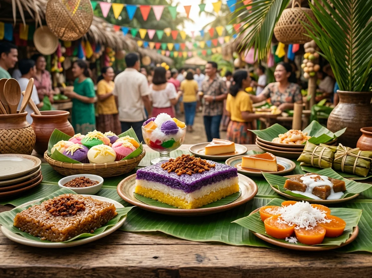 フィリピンのフィエスタの食卓。サピンサピンを含むさまざまなデザートが並ぶ