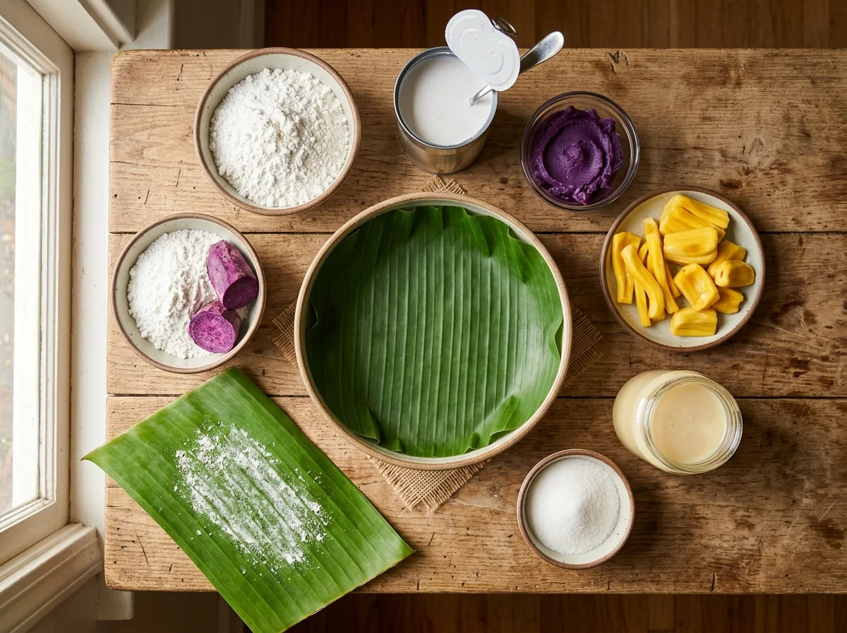 サピンサピンの材料。もち米粉、ココナッツミルク、ウベ(紫芋)、ジャックフルーツ、コンデンスミルクが並ぶ