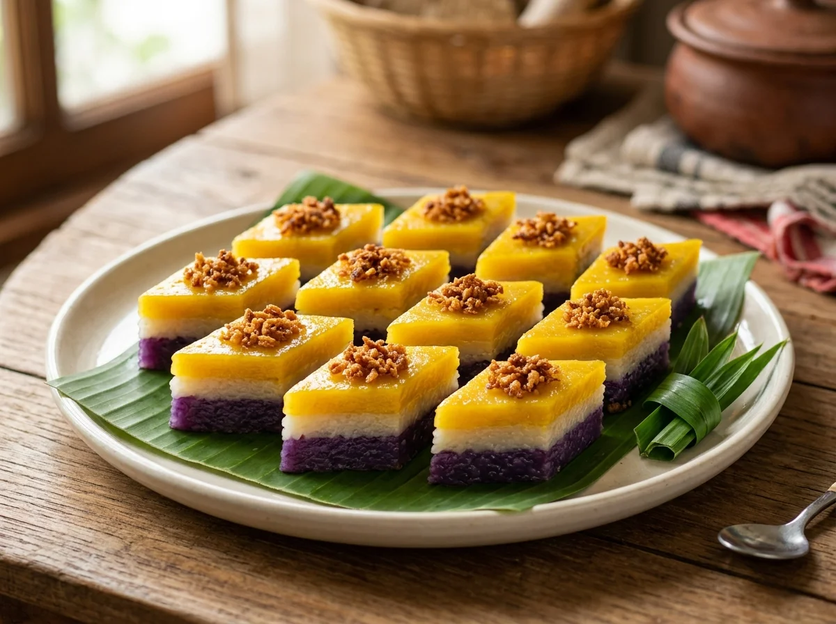 切り分けたサピンサピン。ひし形に切られ、ラティックが散らされた美しい三層菓子