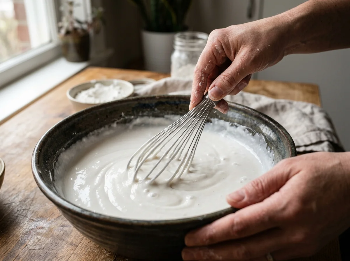 手順1: ボウルにもち米粉を入れ、ココナッツミルクを少しずつ加えながら泡立て器で混ぜる