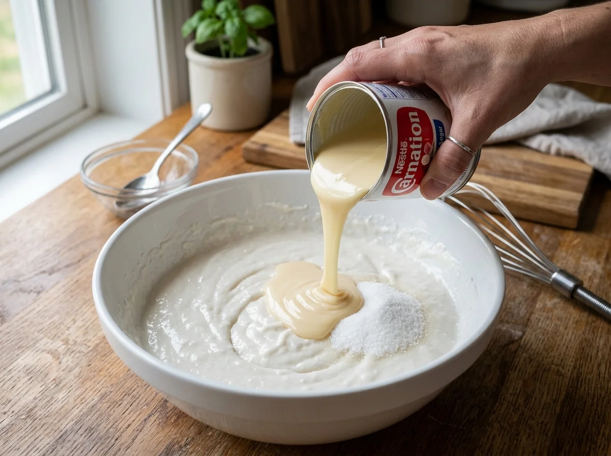 手順2: 砂糖・コンデンスミルク・水を加えてさらに混ぜ、なめらかな生地にする