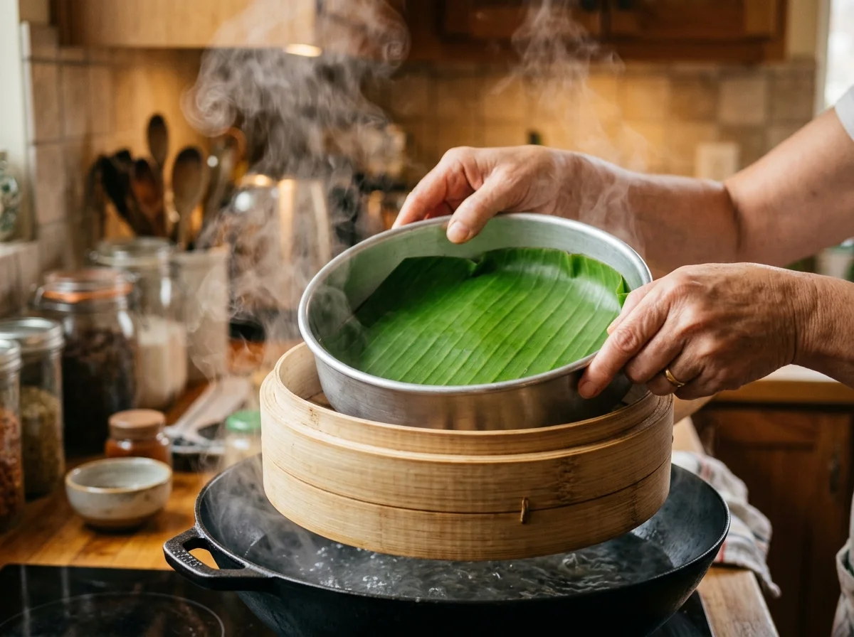 手順4: 蒸し器を強火で沸騰させ、バナナの葉またはクッキングシートを敷いた型(20cm丸型)を用意する
