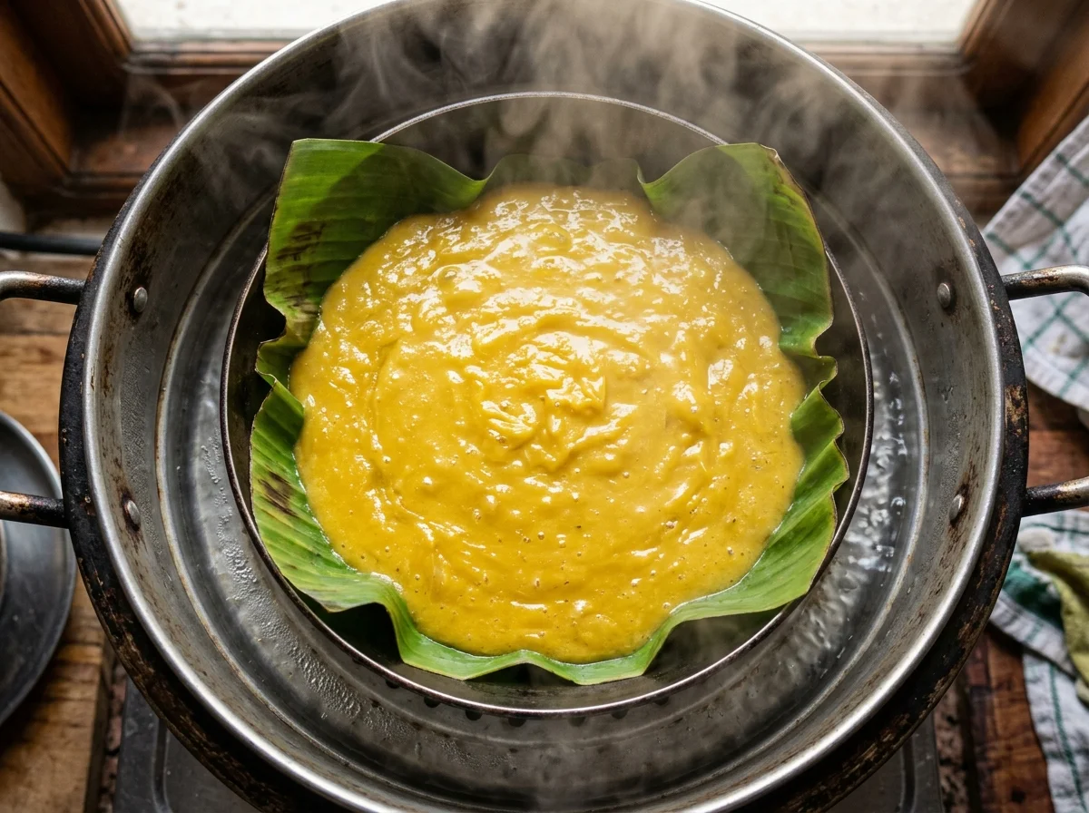 手順5: 黄色の層(ランカ層)を型に流し入れ、蓋をして強火で15〜20分蒸す