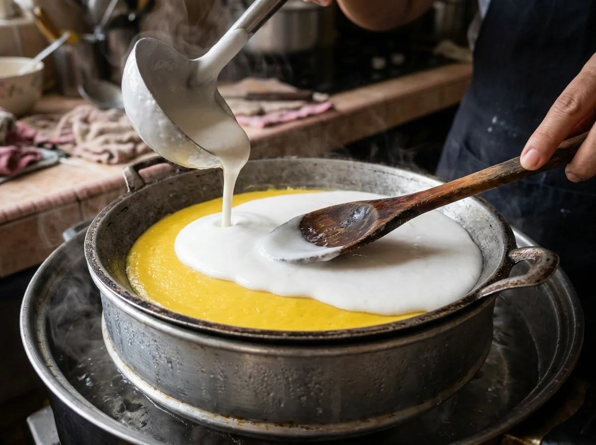 手順6: 黄色の層が固まったら、白い層(ココナッツ層)を静かに流し入れ、さらに15〜20分蒸す