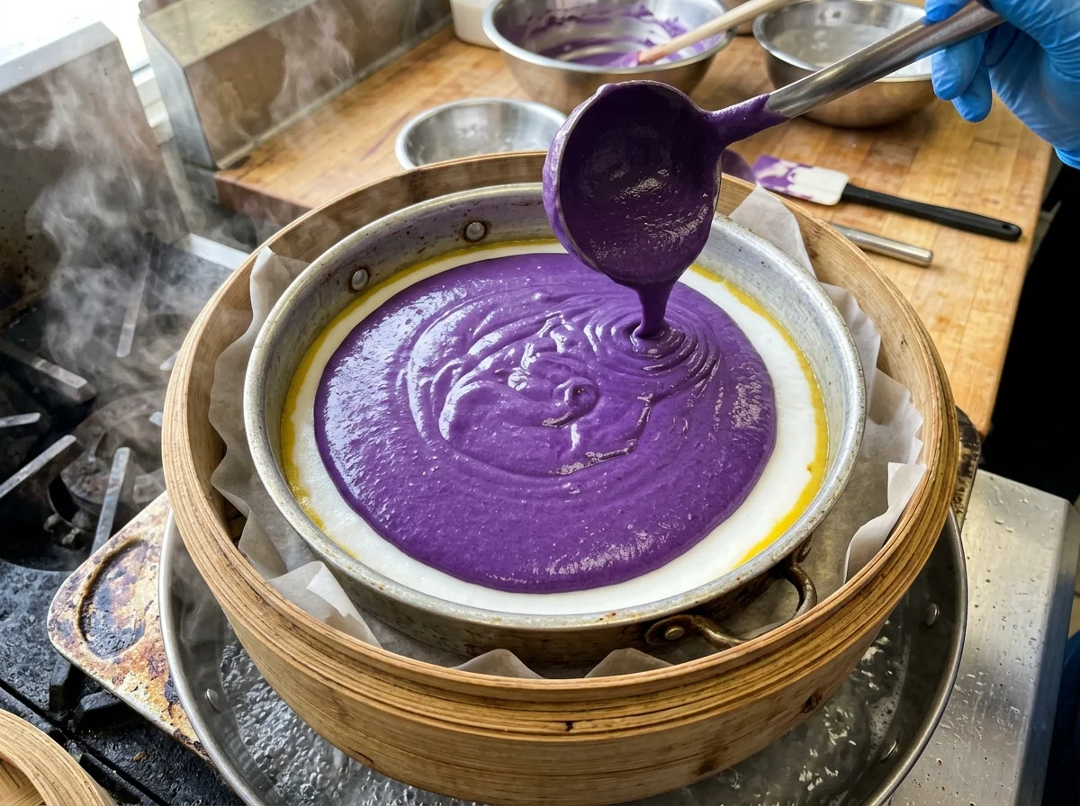 手順7: 白い層が固まったら、紫の層(ウベ層)を流し入れ、さらに20〜25分蒸す