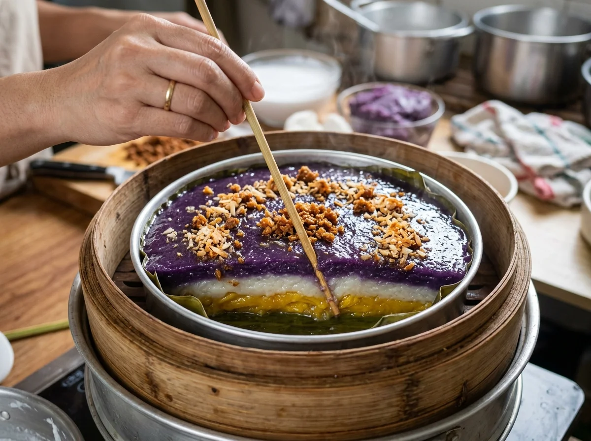 手順8: 竹串を刺して生地がついてこなければ蒸し上がり。型から出し、完全に冷ましてからラティックを散らす