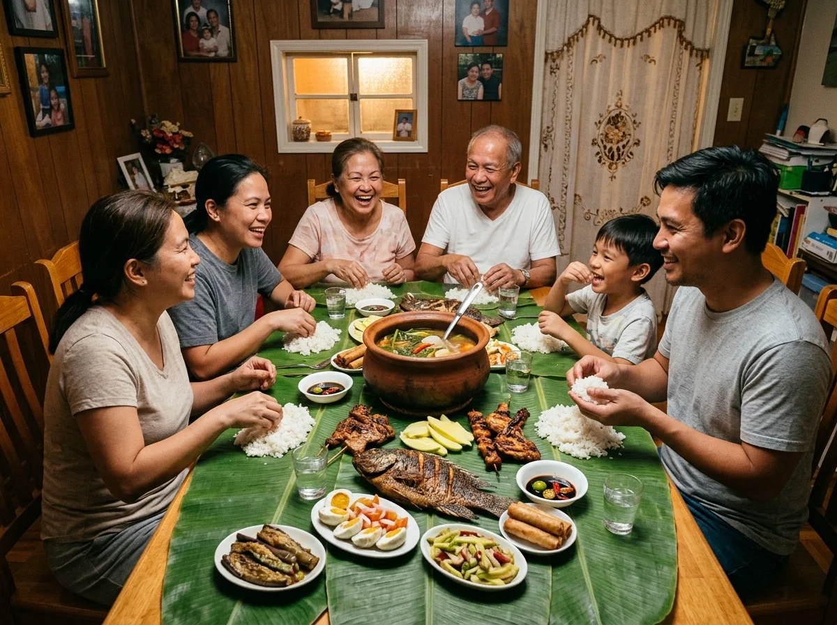フィリピンの家族の食卓。シニガンを囲む風景
