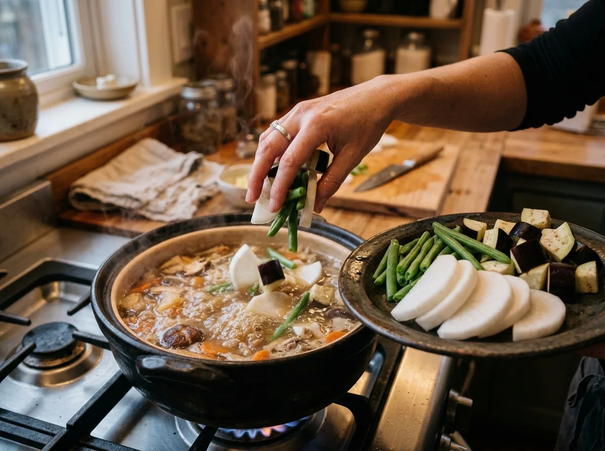 手順4: 根菜と酸味を加える（15分）