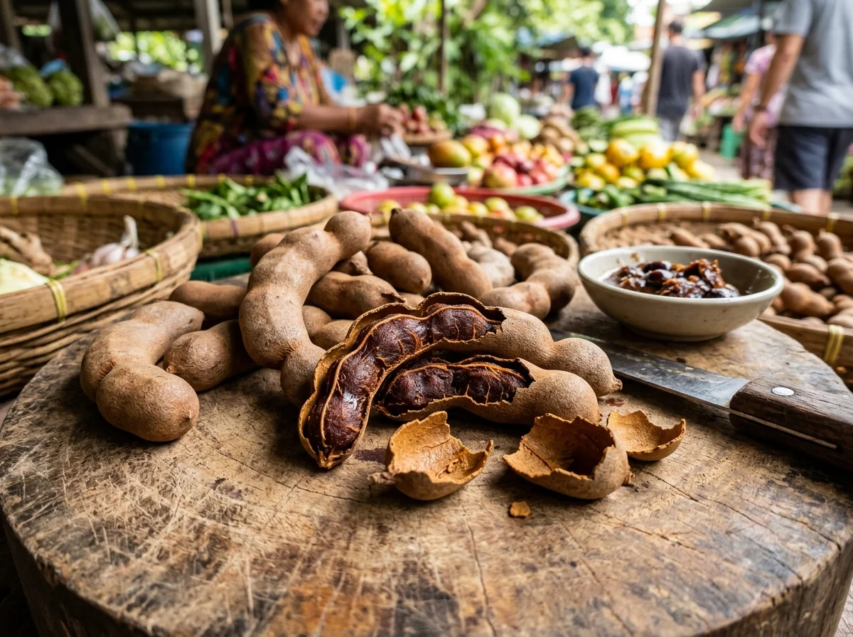 タマリンドの実。茶色い鞘を割ると、酸味のある果肉が現れる