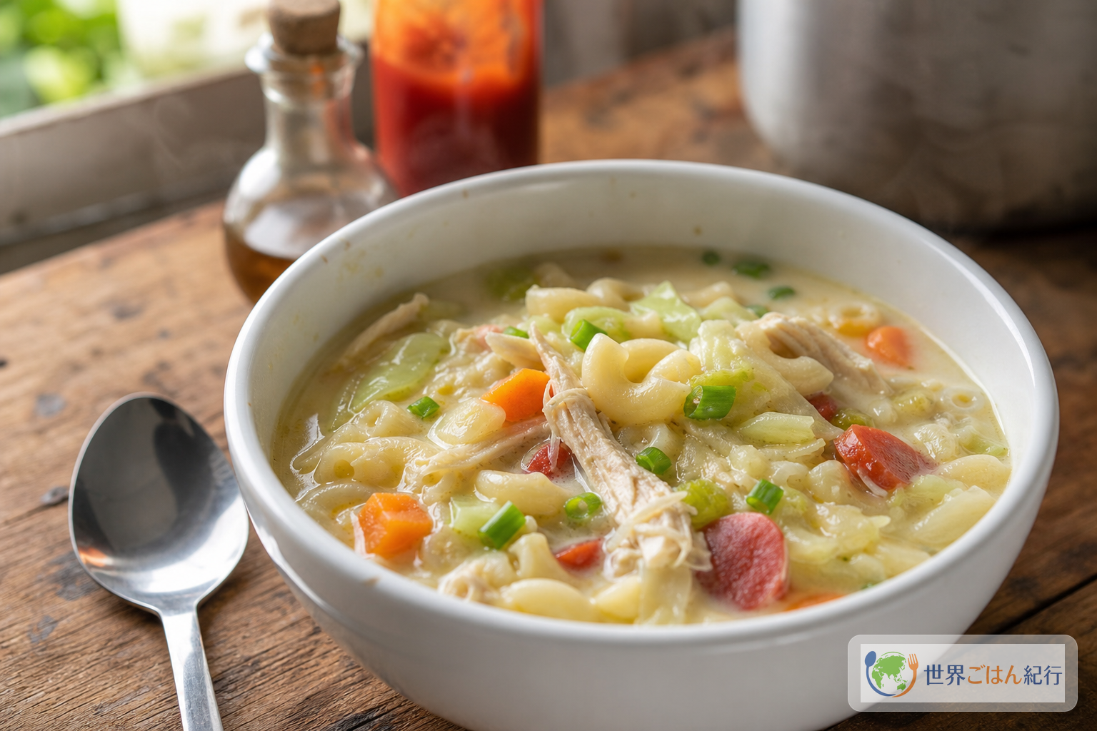 フィリピンのSopas。鶏肉、マカロニ、にんじん、キャベツ、ソーセージを入れた白いマカロニスープを木のテーブルに置いた一皿