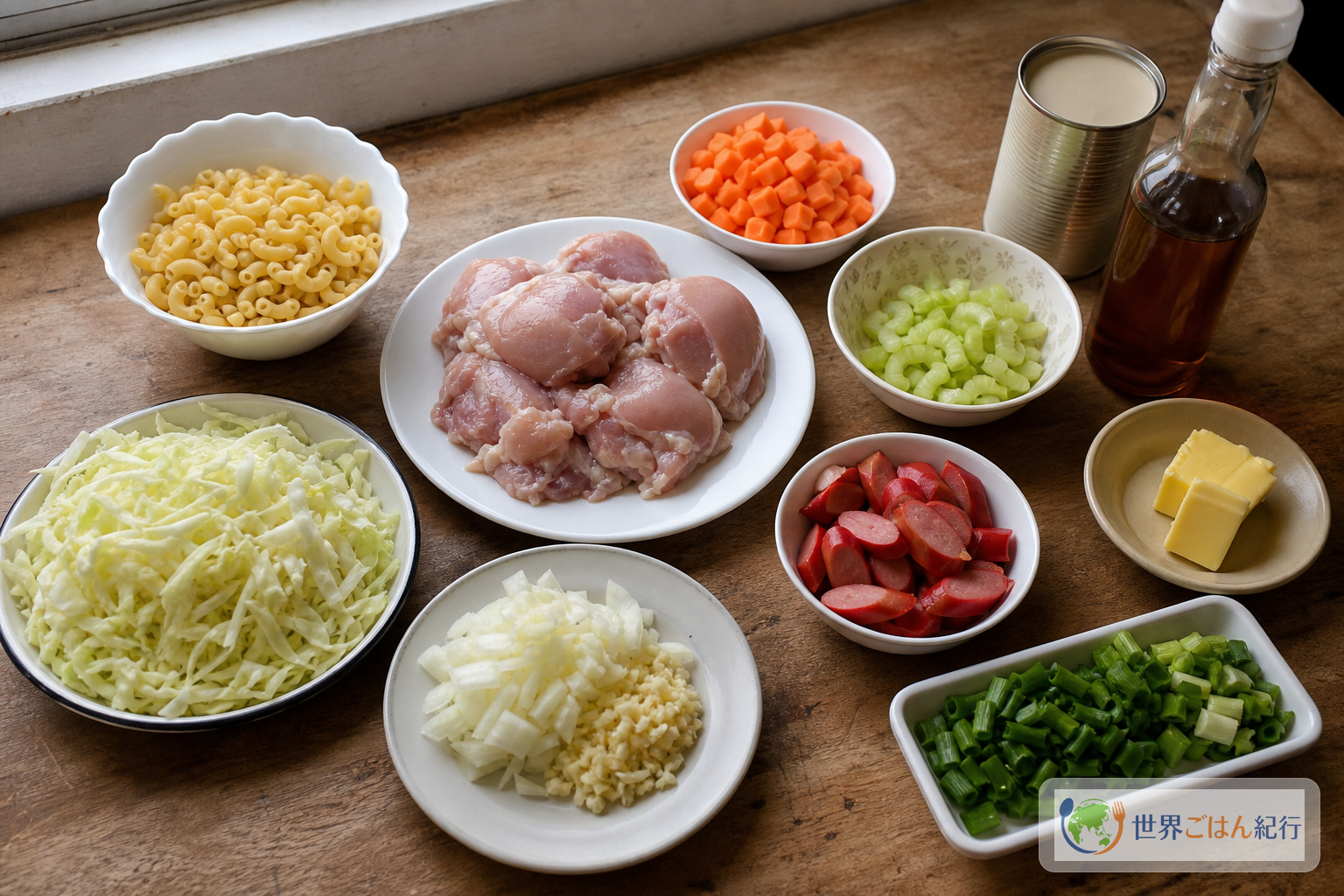 Sopasの材料。エルボーマカロニ、鶏もも肉、にんじん、セロリ、キャベツ、玉ねぎ、にんにく、エバミルク、パティス、ソーセージ、バターを並べている
