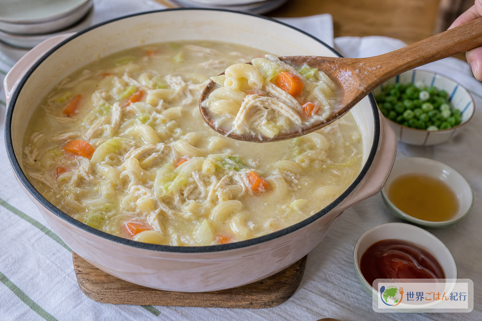 鍋ごと食卓に出したSopas。マカロニ、鶏肉、キャベツ、にんじんが白いスープに入り、横にパティスと青ねぎを置いている