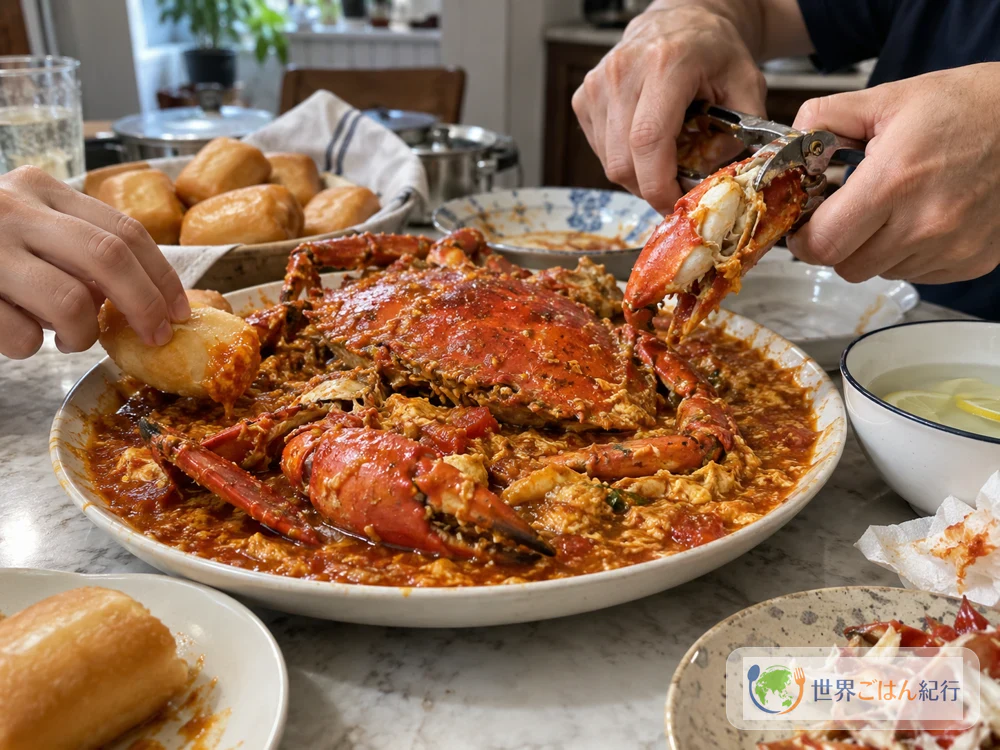 A table where chilli crab shells are cracked by hand and the sauce is wiped up with fried mantou