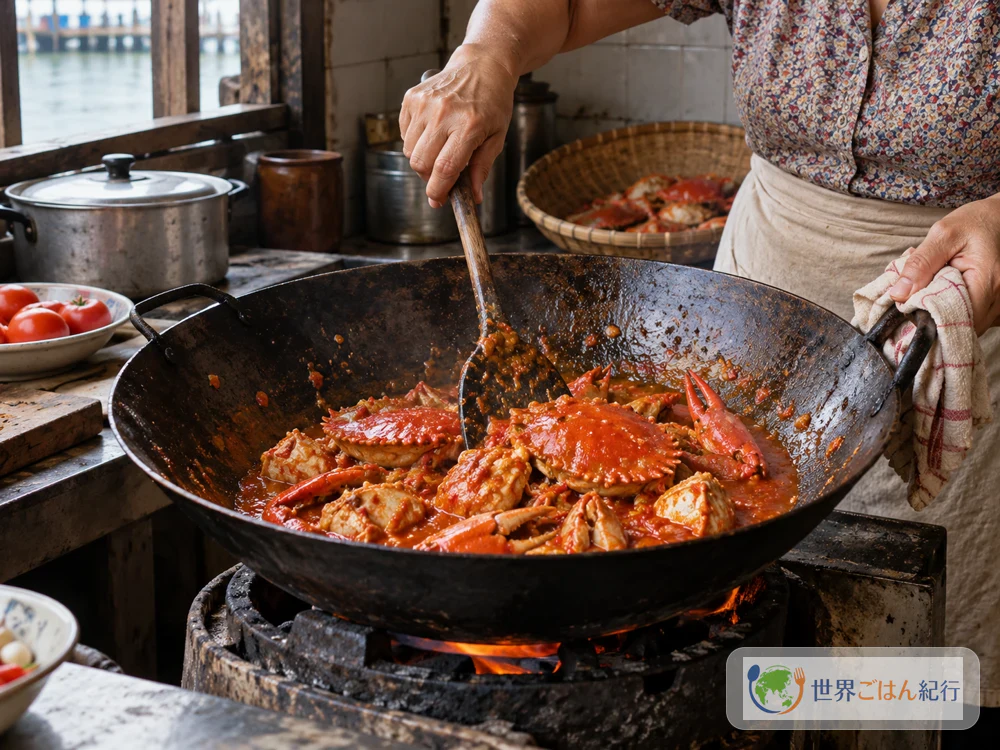 Cooking crab and red chili sauce in a well-seasoned wok