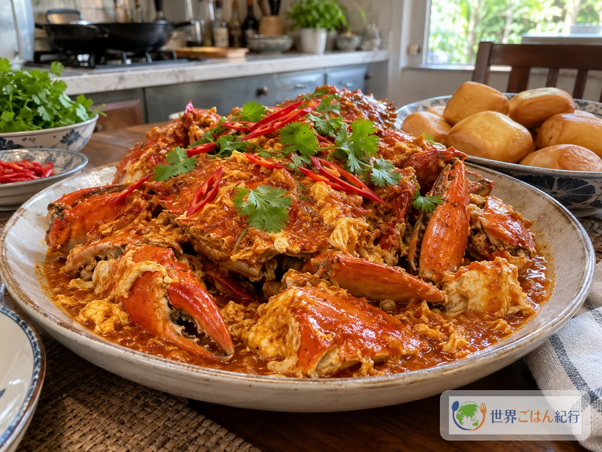Chilli crab in red crab shells coated in plenty of sweet-spicy tomato chili sauce streaked with beaten egg, served with fried mantou