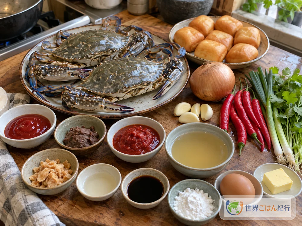 Chilli crab ingredients: swimming crab, onion, garlic, red chilies, ketchup, belacan, tomato purée, palm sugar, egg, and butter
