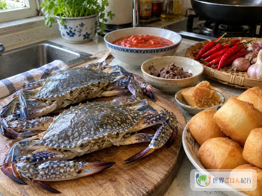 Swimming crab, belacan, palm sugar, tomato purée, red chilies, and fried mantou