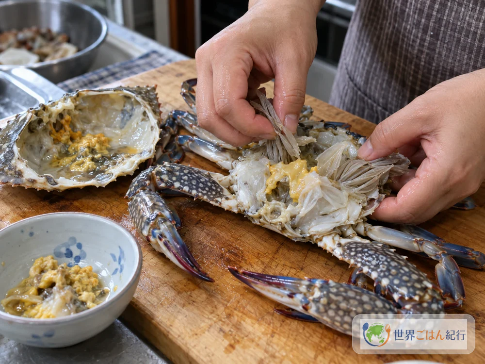 Removing the carapace of the swimming crab, taking out the gray gills, and saving the crab fat