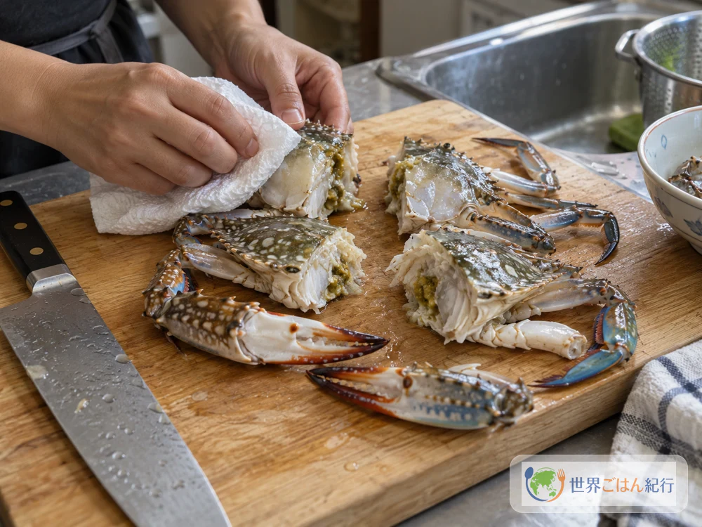 Cutting the body of the swimming crab into four pieces with two legs each