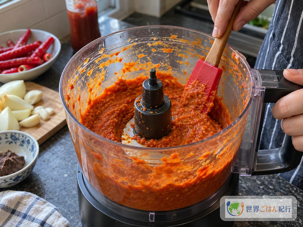 Blending onion, garlic, and red chilies into a smooth paste in a food processor