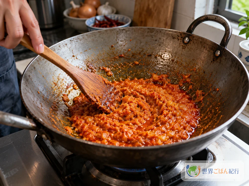 Frying the chili paste in a wok until red oil seeps out