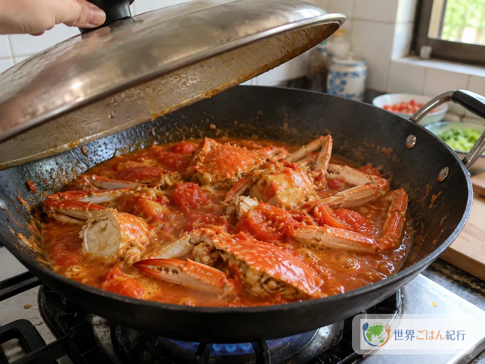 Frying the crab in its shell with the paste, then adding the tomato liquid and simmering covered