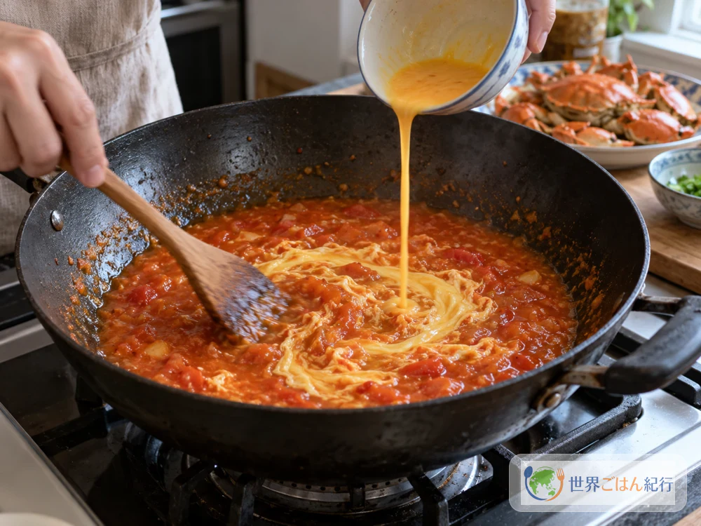 Drizzling beaten egg in a thin stream into thickened tomato sauce to make ribbon-like streaks