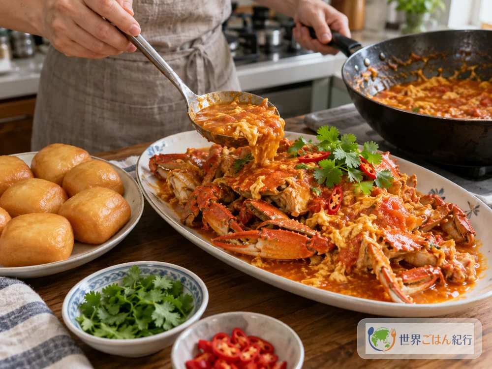 Chilli crab on a large platter garnished with cilantro, served with fried mantou