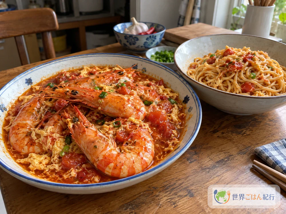 Chili sauce made with shrimp, and a plate of noodles tossed in the leftover sauce