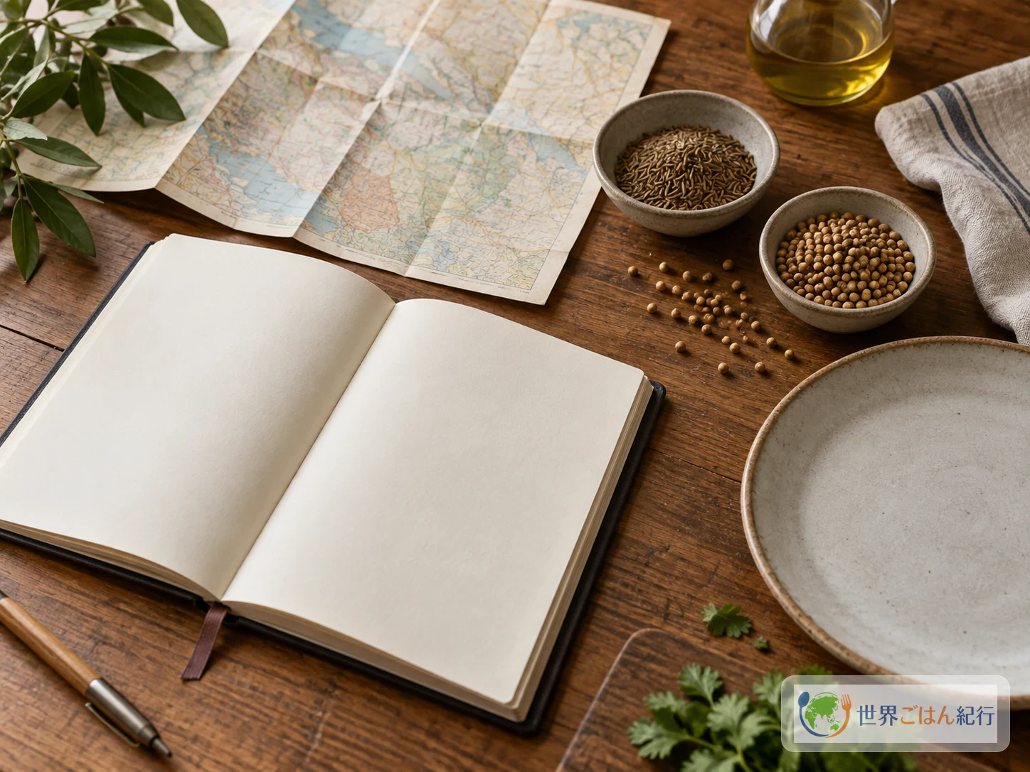 Caderno de cozinha, um mapa sem letras e cominho e coentro dispostos como imagem das fontes consultadas