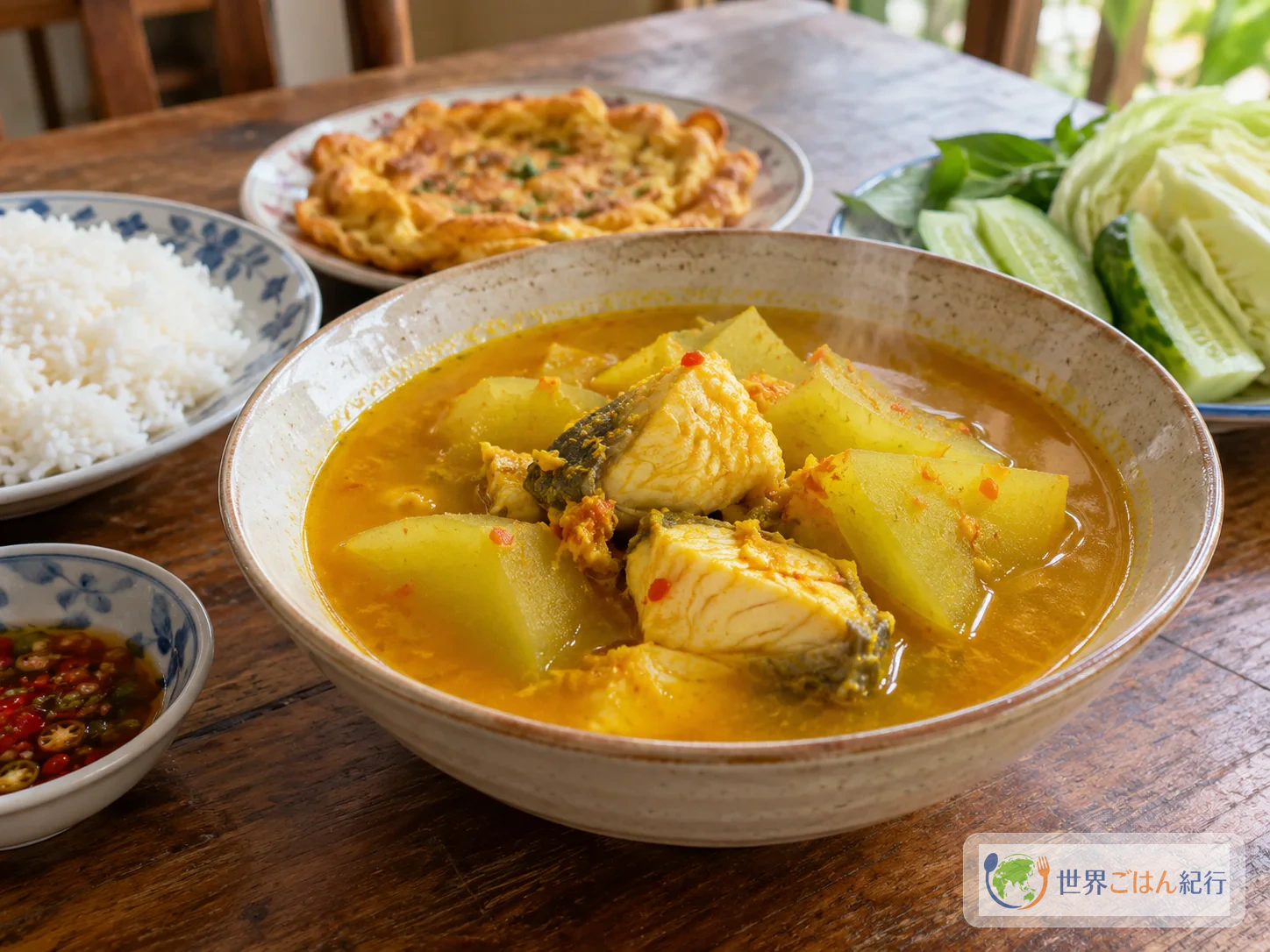 ターメリックで黄色く染まった南タイのゲーンソム。魚と青パパイヤの酸っぱ辛いスープカレーを白いご飯と添えた食卓